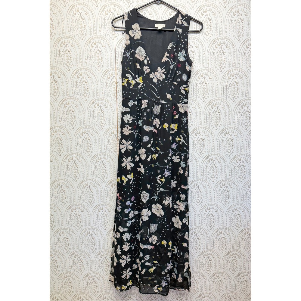 H&M Conscious Floral Maxi‎ Dress Womens 6 Black V-Neck Sleeveless Mesh Overlay
